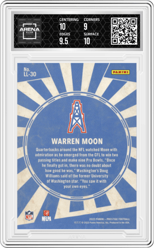 Warren Moon from the 2023 Panini Prestige set graded by Arena Club and given an overall grade of 9.5.