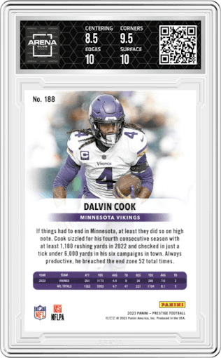 Dalvin Cook from the 2023 Panini Prestige set featuring a Xtra Points Galaxy parallel graded by Arena Club and given an overall grade of 9.