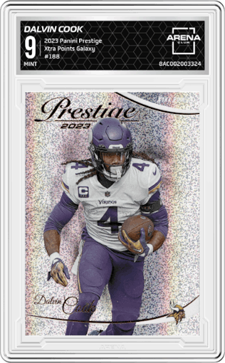 Dalvin Cook from the 2023 Panini Prestige set featuring a Xtra Points Galaxy parallel graded by Arena Club and given an overall grade of 9.