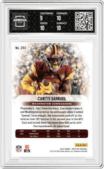 Curtis Samuel from the 2023 Panini Prestige set graded by Arena Club and given an overall grade of 9.5.