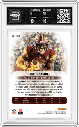 Curtis Samuel from the 2023 Panini Prestige set graded by Arena Club and given an overall grade of 9.5.