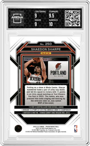 Shaedon Sharpe from the 2022-23 Panini Prizm  set graded by Arena Club and given an overall grade of 9.5.
