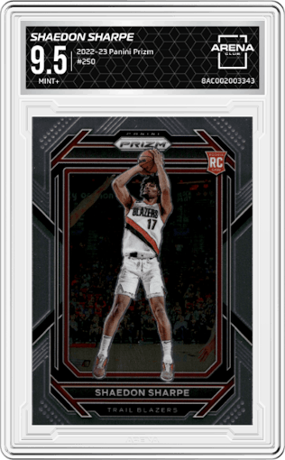 Shaedon Sharpe from the 2022-23 Panini Prizm  set graded by Arena Club and given an overall grade of 9.5.