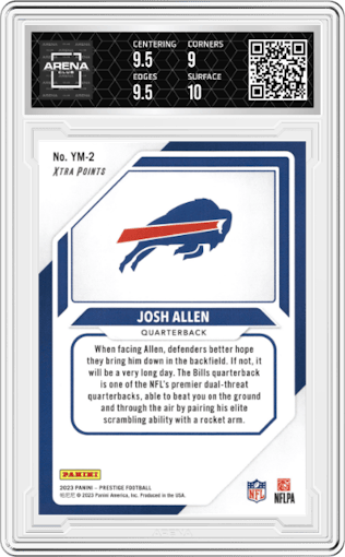 Josh Allen from the 2023 Panini Prestige set featuring a Xtra Points Red parallel graded by Arena Club and given an overall grade of 9.5.