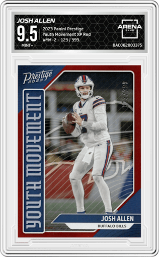 Josh Allen from the 2023 Panini Prestige set featuring a Xtra Points Red parallel graded by Arena Club and given an overall grade of 9.5.