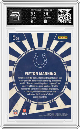 Peyton Manning from the 2023 Panini Prestige set graded by Arena Club and given an overall grade of 9.