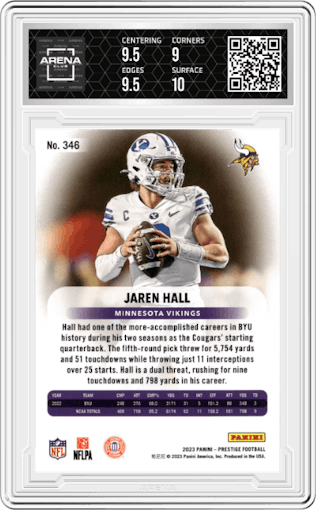 Jaren Hall from the 2023 Panini Prestige set graded by Arena Club and given an overall grade of 9.5.