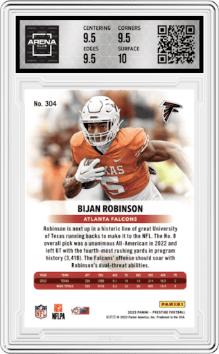 Bijan Robinson from the 2023 Panini Prestige set graded by Arena Club and given an overall grade of 10.