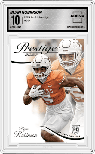 Bijan Robinson from the 2023 Panini Prestige set graded by Arena Club and given an overall grade of 10.
