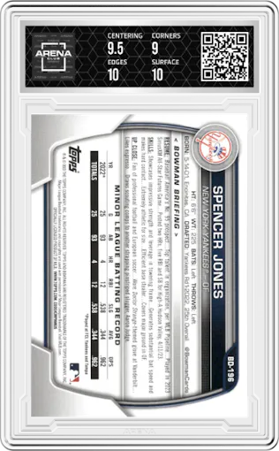 Spencer Jones from the 2023 Bowman Draft set graded by Arena Club and given an overall grade of 9.5.