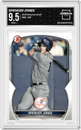 Spencer Jones from the 2023 Bowman Draft set graded by Arena Club and given an overall grade of 9.5.