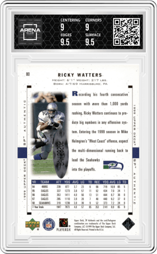 Ricky Watters from the 2000 SP Authentic set graded by Arena Club and given an overall grade of 9.5.