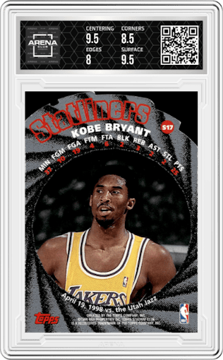 Kobe Bryant from the 1998-99 Topps Stadium Club set graded by Arena Club and given an overall grade of 8.5.