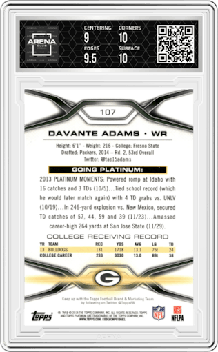 Davante Adams from the 2014 Topps Platinum set graded by Arena Club and given an overall grade of 9.5.