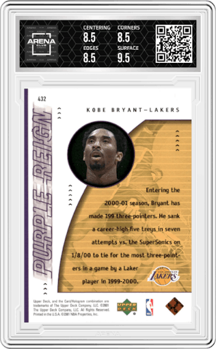 Kobe Bryant from the 2000-01 Upper Deck set graded by Arena Club and given an overall grade of 9.