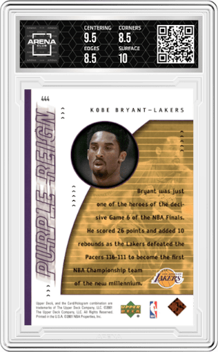 Kobe Bryant from the 2000-01 Upper Deck set graded by Arena Club and given an overall grade of 9.