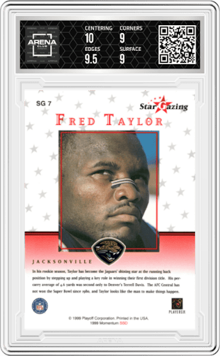 Fred Taylor from the 1999 Playoff Momentum SSD set graded by Arena Club and given an overall grade of 9.5.