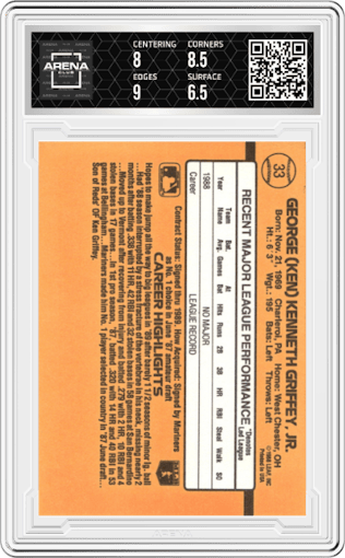 Ken Griffey Jr. from the 1989 Donruss set featuring a Variation parallel graded by Arena Club and given an overall grade of 7.