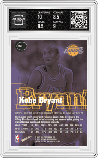 Kobe Bryant from the 1997-98 Skybox Premium set graded by Arena Club and given an overall grade of 9.
