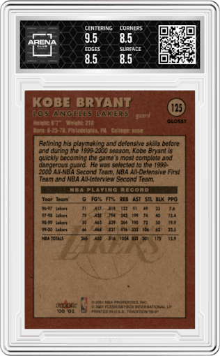 Kobe Bryant from the 2000-01 Fleer Tradition set graded by Arena Club and given an overall grade of 9.