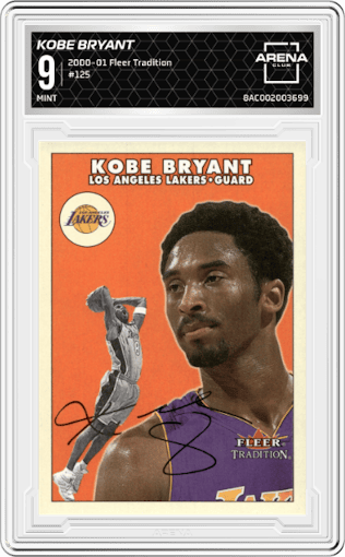 Kobe Bryant from the 2000-01 Fleer Tradition set graded by Arena Club and given an overall grade of 9.