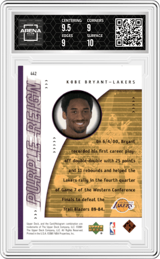 Kobe Bryant from the 2000-01 Upper Deck set graded by Arena Club and given an overall grade of 9.5.