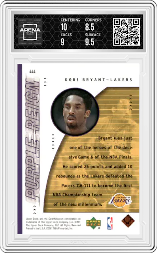 Kobe Bryant from the 2000-01 Upper Deck set graded by Arena Club and given an overall grade of 9.