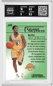 Kobe Bryant from the 1997-98 Skybox Premium set graded by Arena Club and given an overall grade of 9.