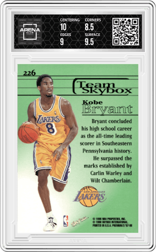 Kobe Bryant from the 1997-98 Skybox Premium set graded by Arena Club and given an overall grade of 9.