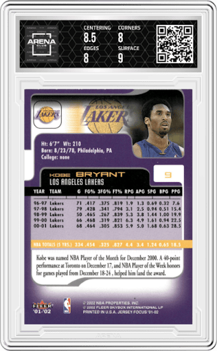 Kobe Bryant from the 2001-02 Fleer Focus set graded by Arena Club and given an overall grade of 8.5.