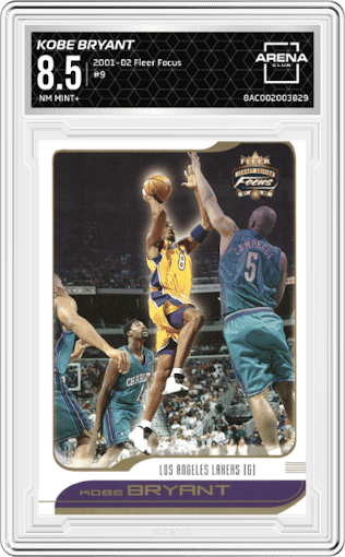 Kobe Bryant from the 2001-02 Fleer Focus set graded by Arena Club and given an overall grade of 8.5.