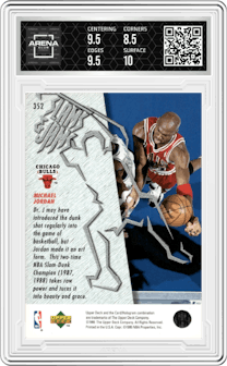 Michael Jordan from the 1995-96 Upper Deck  set featuring a Electric Court parallel graded by Arena Club and given an overall grade of 9.