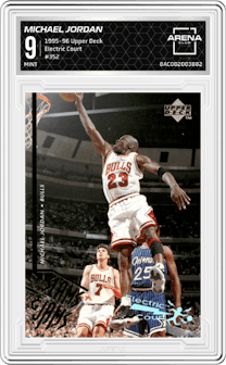 Michael Jordan from the 1995-96 Upper Deck  set featuring a Electric Court parallel graded by Arena Club and given an overall grade of 9.