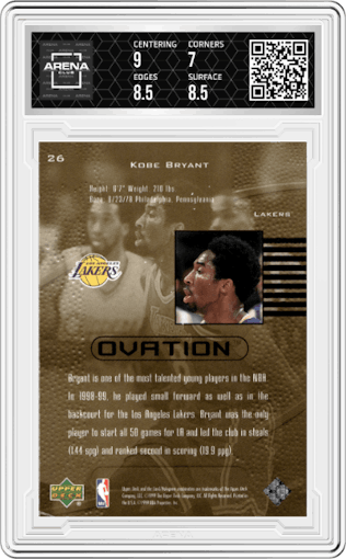 Kobe Bryant from the 1999-00 UD Ovation set graded by Arena Club and given an overall grade of 7.5.