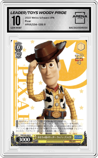 Leader Of Toys, Woody Pride  from the 2022 Weiss Schwarz JPN set graded by Arena Club and given an overall grade of 10.
