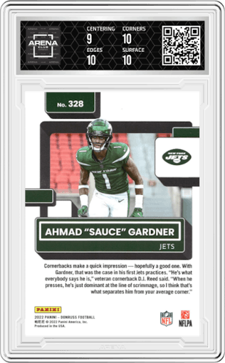 Ahmad "Sauce" Gardner from the 2022 Panini Donruss set featuring a Press Proof Premium parallel graded by Arena Club and given an overall grade of 9.5.