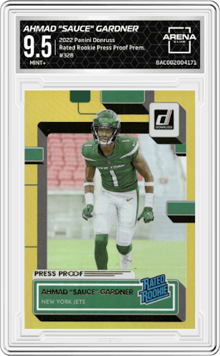 Ahmad "Sauce" Gardner from the 2022 Panini Donruss set featuring a Press Proof Premium parallel graded by Arena Club and given an overall grade of 9.5.