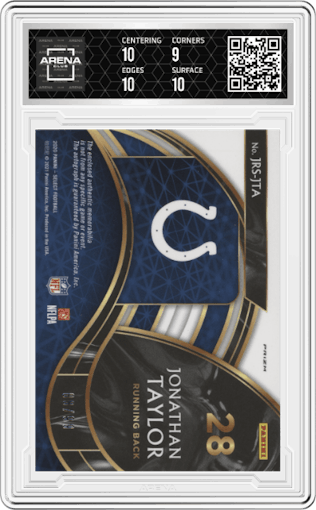 Jonathan Taylor from the 2020 Panini Select set graded by Arena Club and given an overall grade of 9.5.