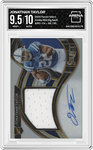 Jonathan Taylor from the 2020 Panini Select set graded by Arena Club and given an overall grade of 9.5.