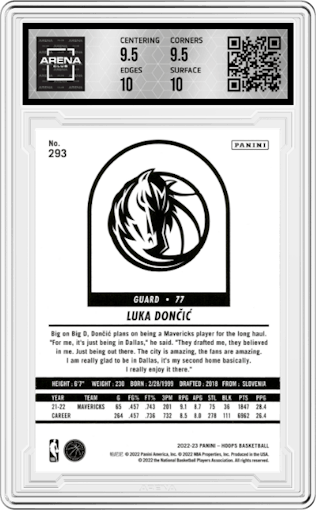 Luka Doncic from the 2022-23 Panini NBA Hoops set graded by Arena Club and given an overall grade of 10.
