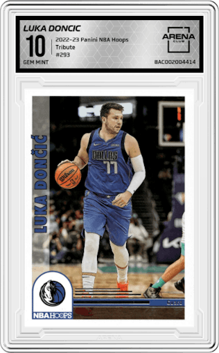 Luka Doncic from the 2022-23 Panini NBA Hoops set graded by Arena Club and given an overall grade of 10.