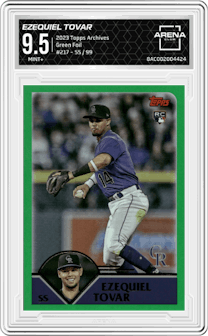 Ezequiel Tovar from the 2023 Topps Archives set featuring a Green Foil parallel graded by Arena Club and given an overall grade of 9.5.