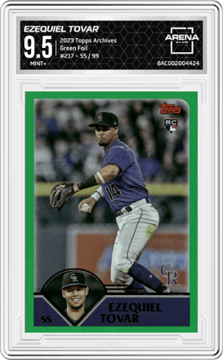Ezequiel Tovar from the 2023 Topps Archives set featuring a Green Foil parallel graded by Arena Club and given an overall grade of 9.5.