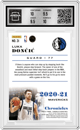 Luka Doncic from the 2020-21 Panini Chronicles set graded by Arena Club and given an overall grade of 10.
