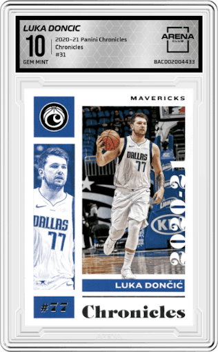 Luka Doncic from the 2020-21 Panini Chronicles set graded by Arena Club and given an overall grade of 10.