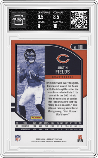 Justin Fields from the 2021 Panini Absolute set graded by Arena Club and given an overall grade of 9.
