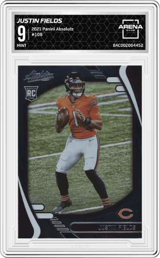 Justin Fields from the 2021 Panini Absolute set graded by Arena Club and given an overall grade of 9.