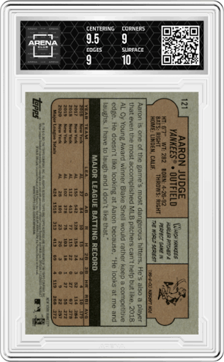Aaron Judge from the 2021 Topps Heritage set graded by Arena Club and given an overall grade of 9.5.