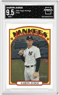 Aaron Judge from the 2021 Topps Heritage set graded by Arena Club and given an overall grade of 9.5.