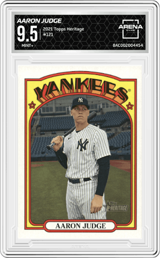 Aaron Judge from the 2021 Topps Heritage set graded by Arena Club and given an overall grade of 9.5.